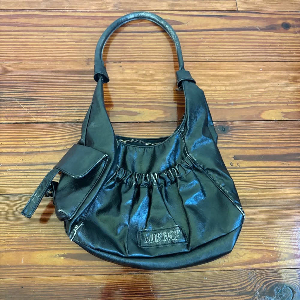 MKMX Black Faux Leather Slouchy Shoulder Bag Handbag Pocket Y2K Vintage Style